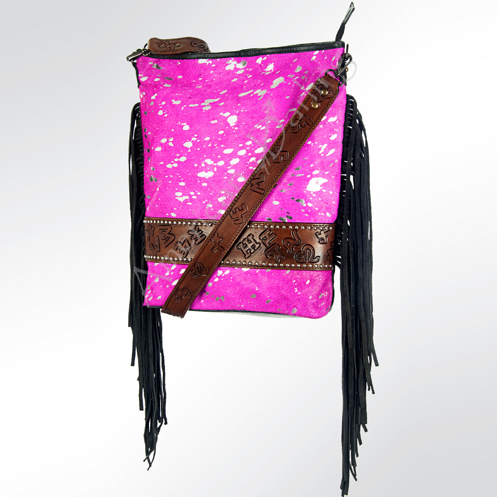 ADBG316 Hair-On Cowhide & Tooled Leather Western Large Crossbody Bag Fringe Crossbody