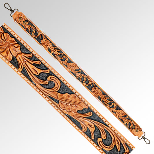 ADBT102 Tooled Leather Bag Strap - Floral Vine Design on Black