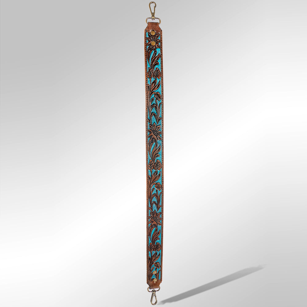 ADBT106 Tooled Leather Bag Strap - Turquoise Blue with Floral Design