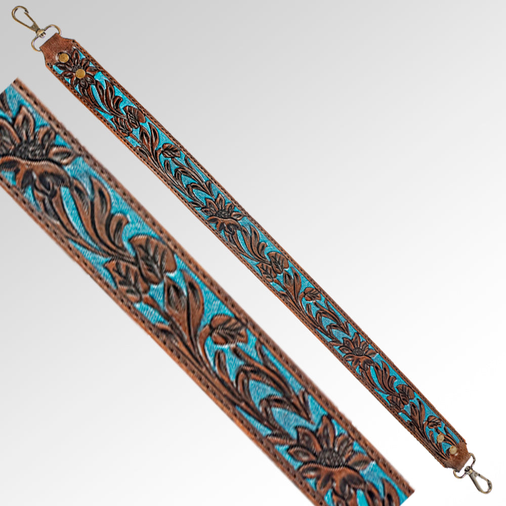 ADBT106 Tooled Leather Bag Strap - Turquoise Blue with Floral Design