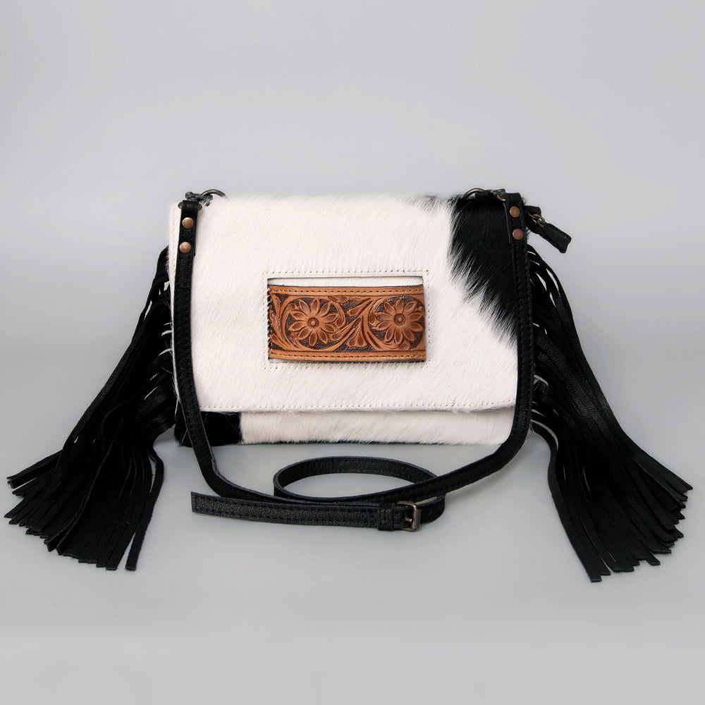 ADBG360 Hair-On Cowhide Crossbody Bag with Fringe and Tooled Leather Flap - Handmade Western Purse