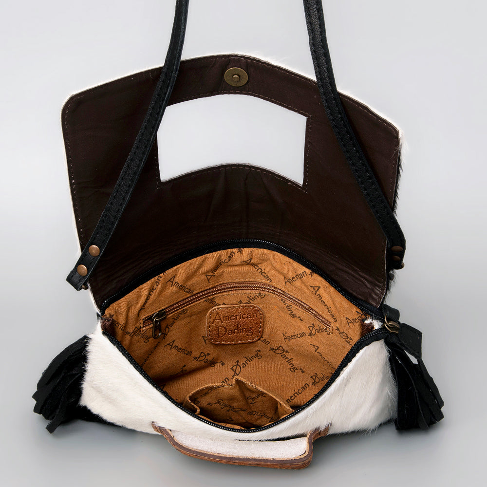 ADBG360 Hair-On Cowhide Crossbody Bag with Fringe and Tooled Leather Flap - Handmade Western Purse