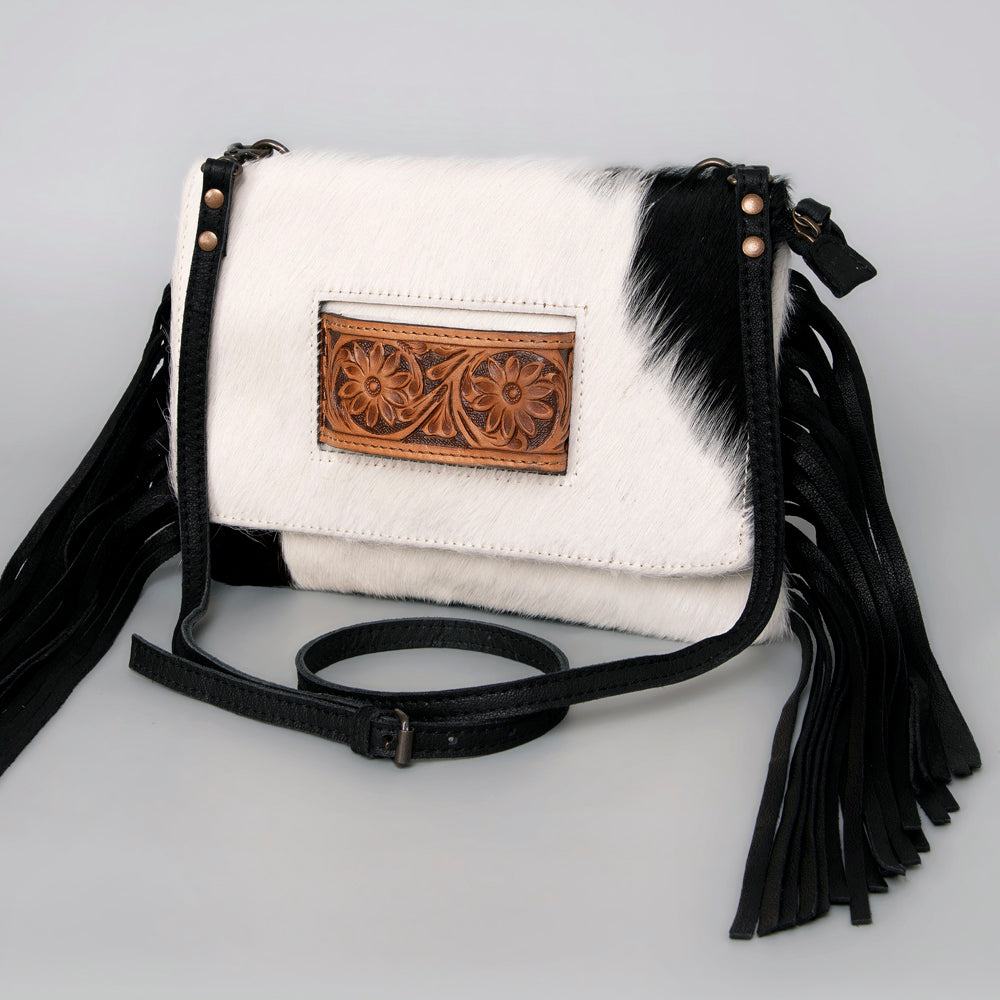 ADBG360 Hair-On Cowhide Crossbody Bag with Fringe and Tooled Leather Flap - Handmade Western Purse