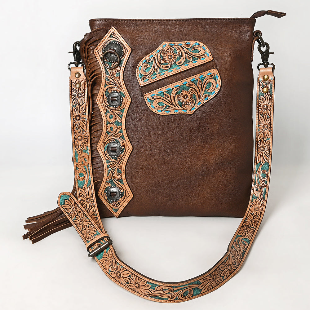 ADBG469 Western Chaps Bag-Hand Tooled Inspired Cowhide & Leather Crossbody Bag Fringe Edition