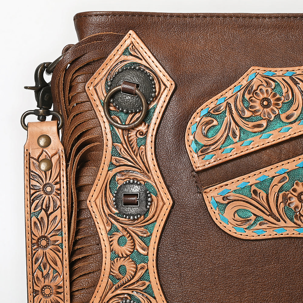 ADBG469 Western Chaps Bag-Hand Tooled Inspired Cowhide & Leather Crossbody Bag Fringe Edition