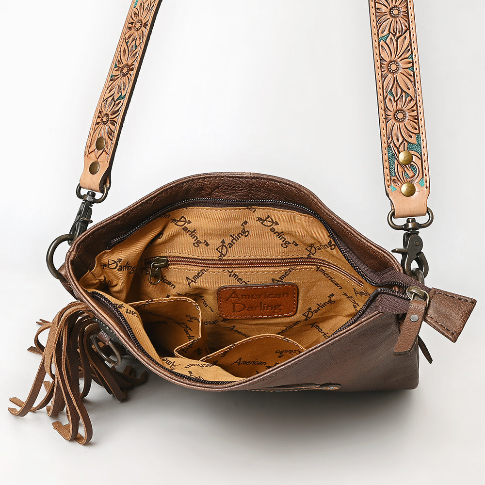 ADBG469 Western Chaps Bag-Hand Tooled Inspired Cowhide & Leather Crossbody Bag Fringe Edition