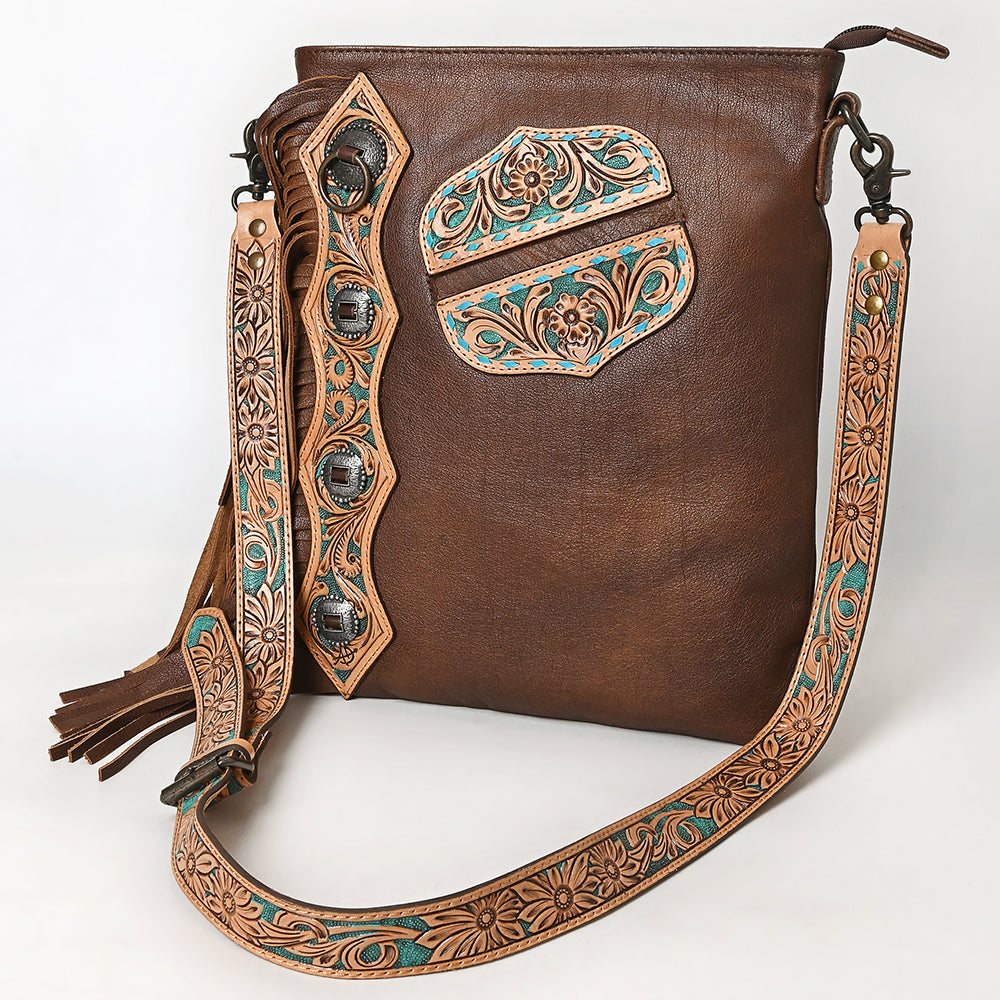 ADBG469 Western Chaps Bag-Hand Tooled Inspired Cowhide & Leather Crossbody Bag Fringe Edition