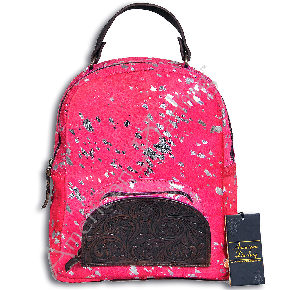 ADBGS156 Natural Cowhide Leather Backpack with Hand-Tooled Floral Pocket - Western Style