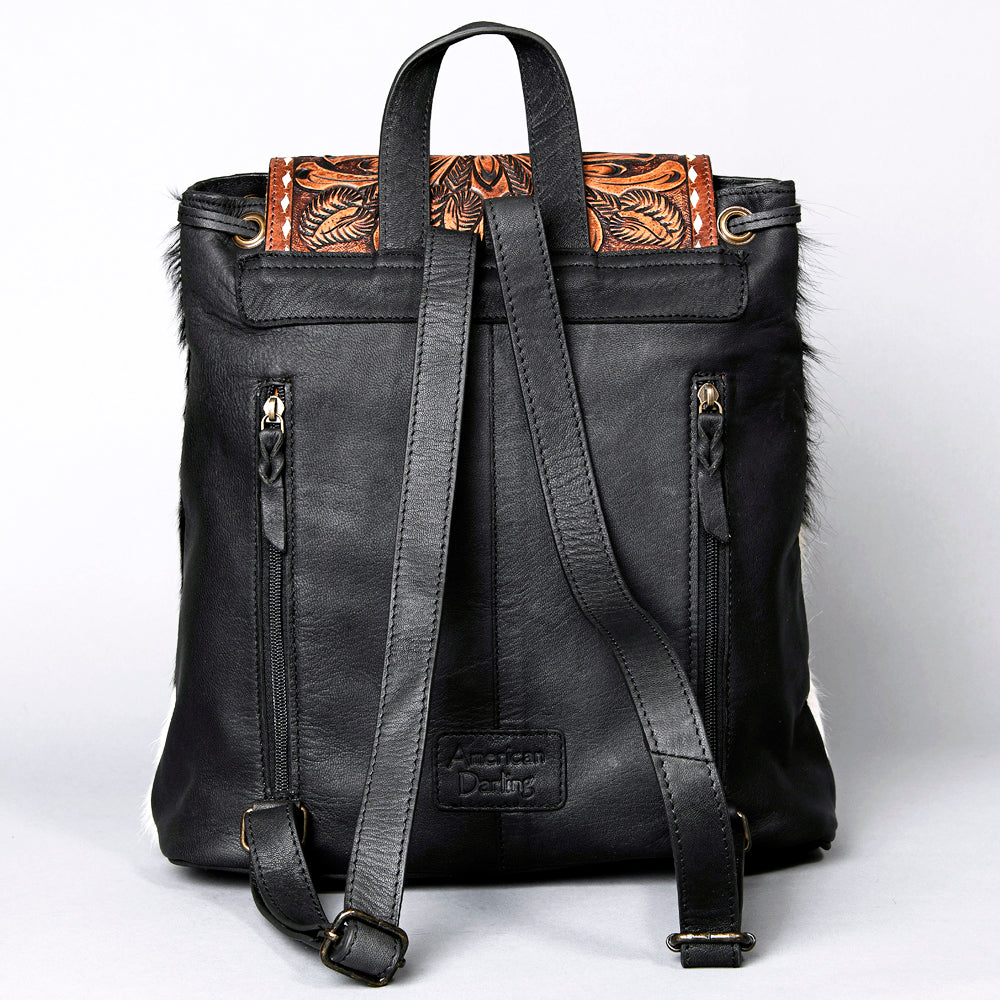 LC-ADBGZ101 Tooled Leather Flap Cowhide Backpack - Black & White Hair-On Hide Western Bag