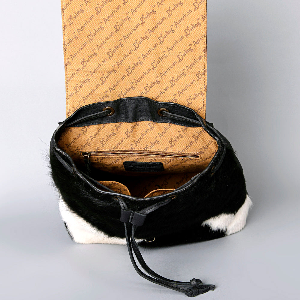 LC-ADBGZ101 Tooled Leather Flap Cowhide Backpack - Black & White Hair-On Hide Western Bag