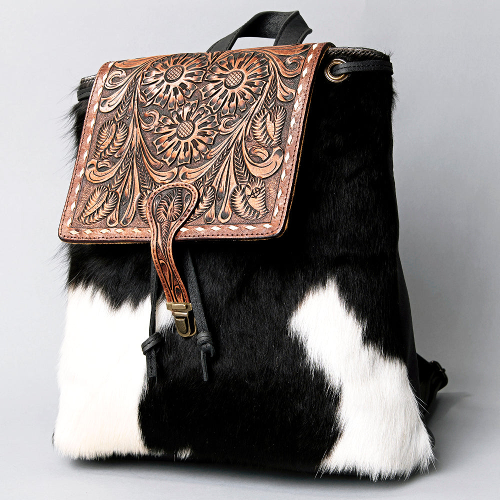 LC-ADBGZ101 Tooled Leather Flap Cowhide Backpack - Black & White Hair-On Hide Western Bag