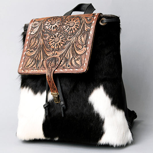 LC-ADBGZ101 Tooled Leather Flap Cowhide Backpack - Black & White Hair-On Hide Western Bag