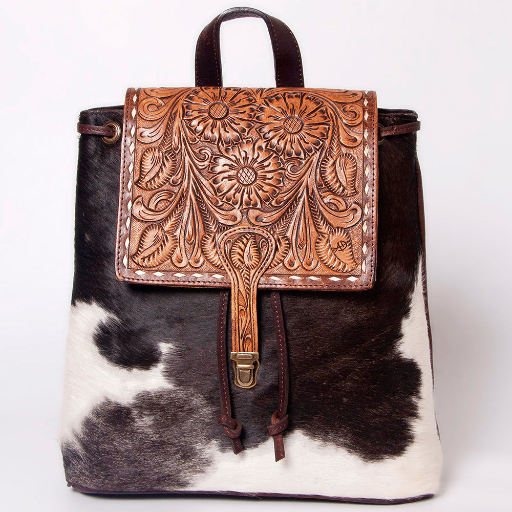LC-ADBGZ102 Cowhide Backpack with Floral Tooled Leather Flap - Western Chic