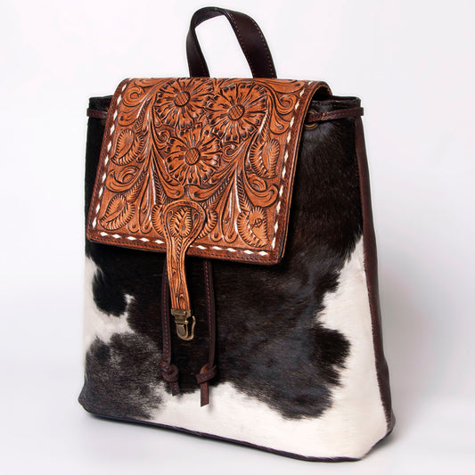 LC-ADBGZ102 Cowhide Backpack with Floral Tooled Leather Flap - Western Chic