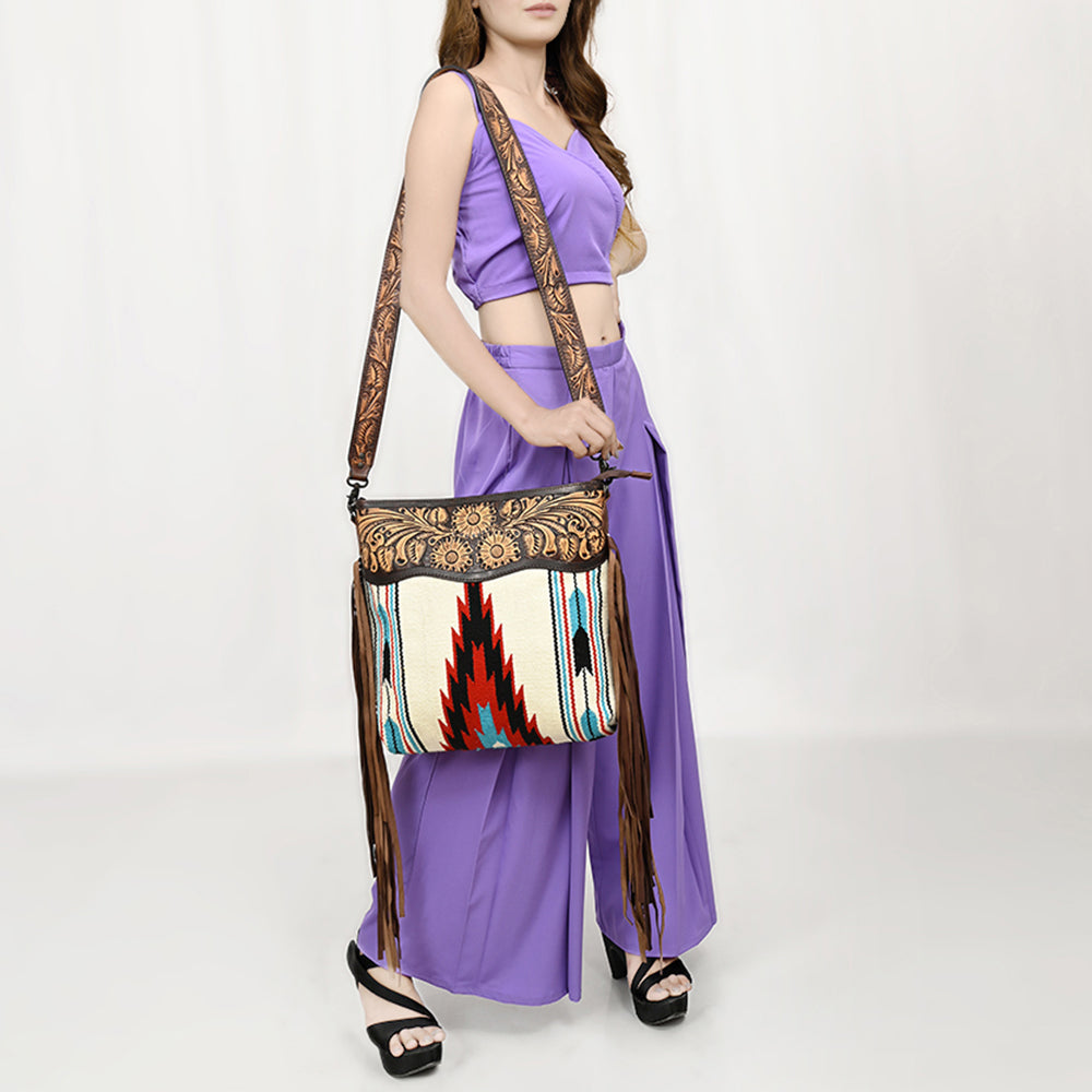 ADBGZ104 Southwestern Woven Crossbody Bag with Tooled Leather & Fringe