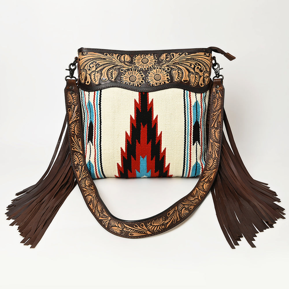 ADBGZ104 Southwestern Woven Crossbody Bag with Tooled Leather & Fringe