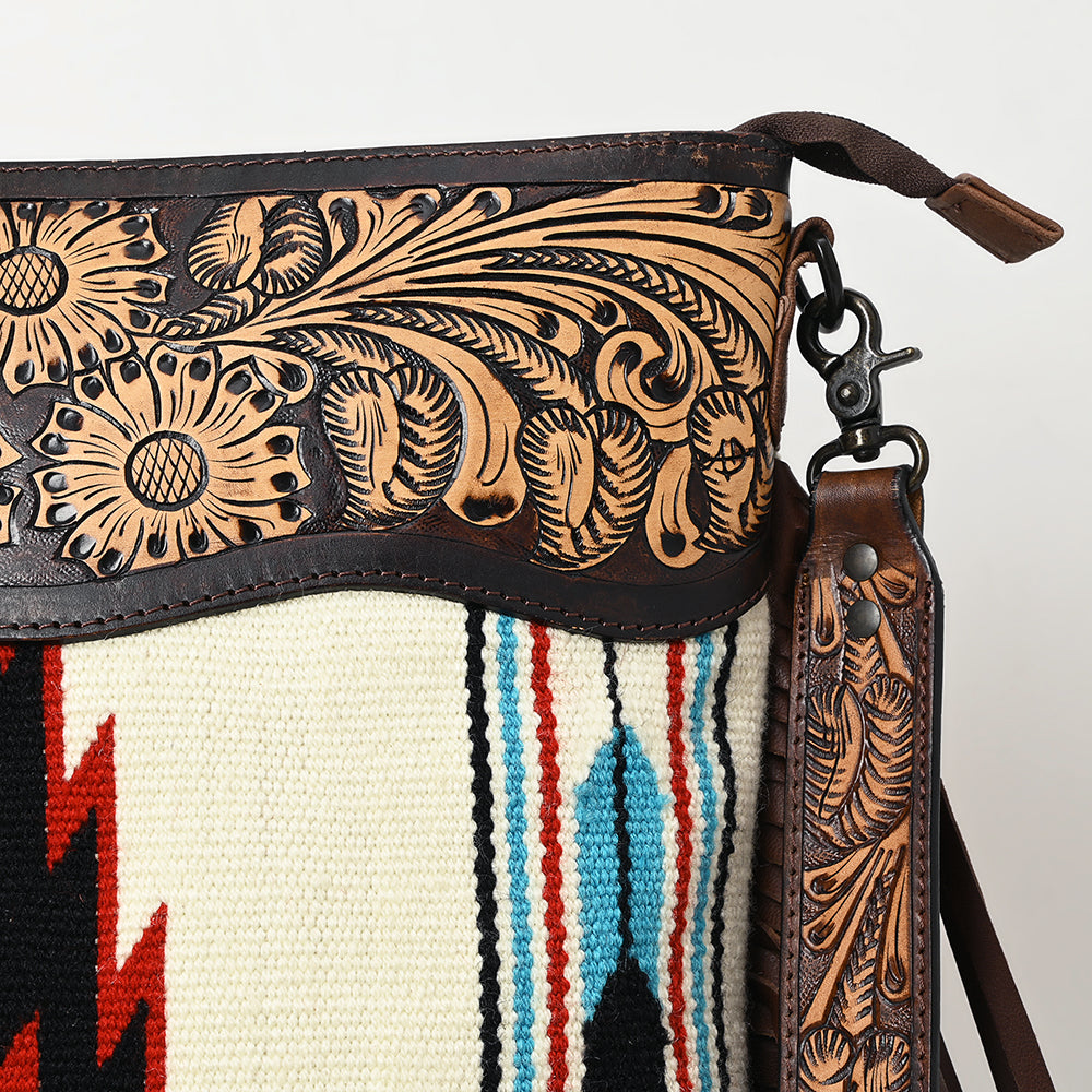ADBGZ104 Southwestern Woven Crossbody Bag with Tooled Leather & Fringe
