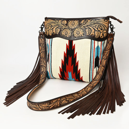ADBGZ104 Southwestern Woven Crossbody Bag with Tooled Leather & Fringe