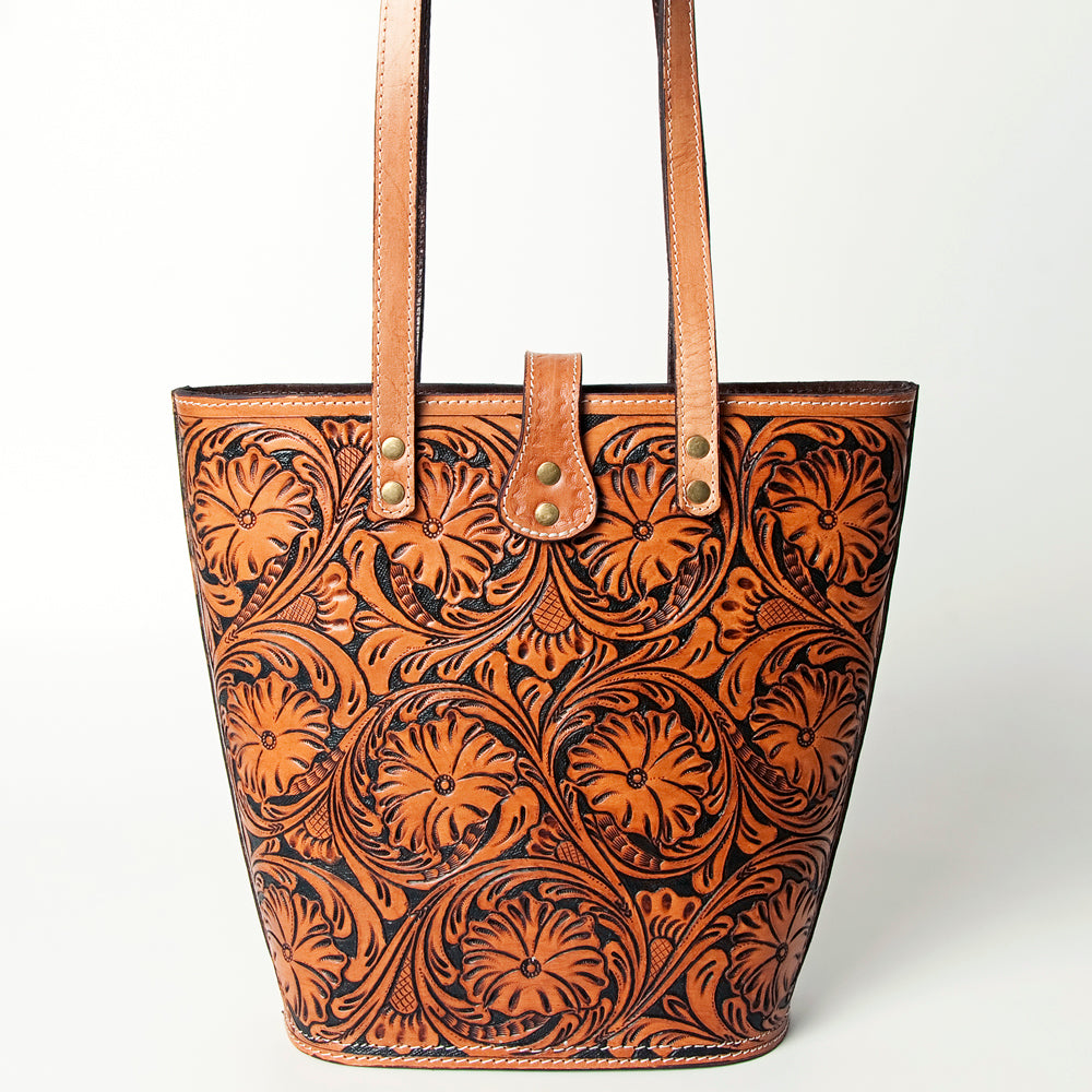 ADBG477TAN Hand Tooled Floral Western Tote Bag Genuine Embossed Cowhide Leather with Fringe and Adjustable Strap