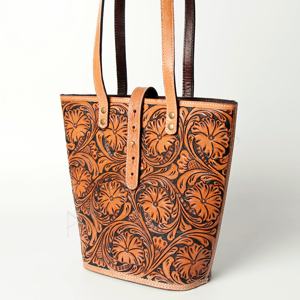 ADBG477TAN Hand Tooled Floral Western Tote Bag Genuine Embossed Cowhide Leather with Fringe and Adjustable Strap