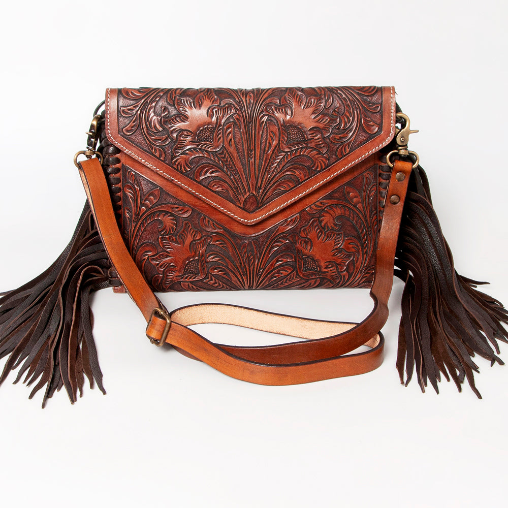 ADBG481 Brown Envelope Cowhide Leather Crossbody Bag with Fringe Western Boho Shoulder Purse