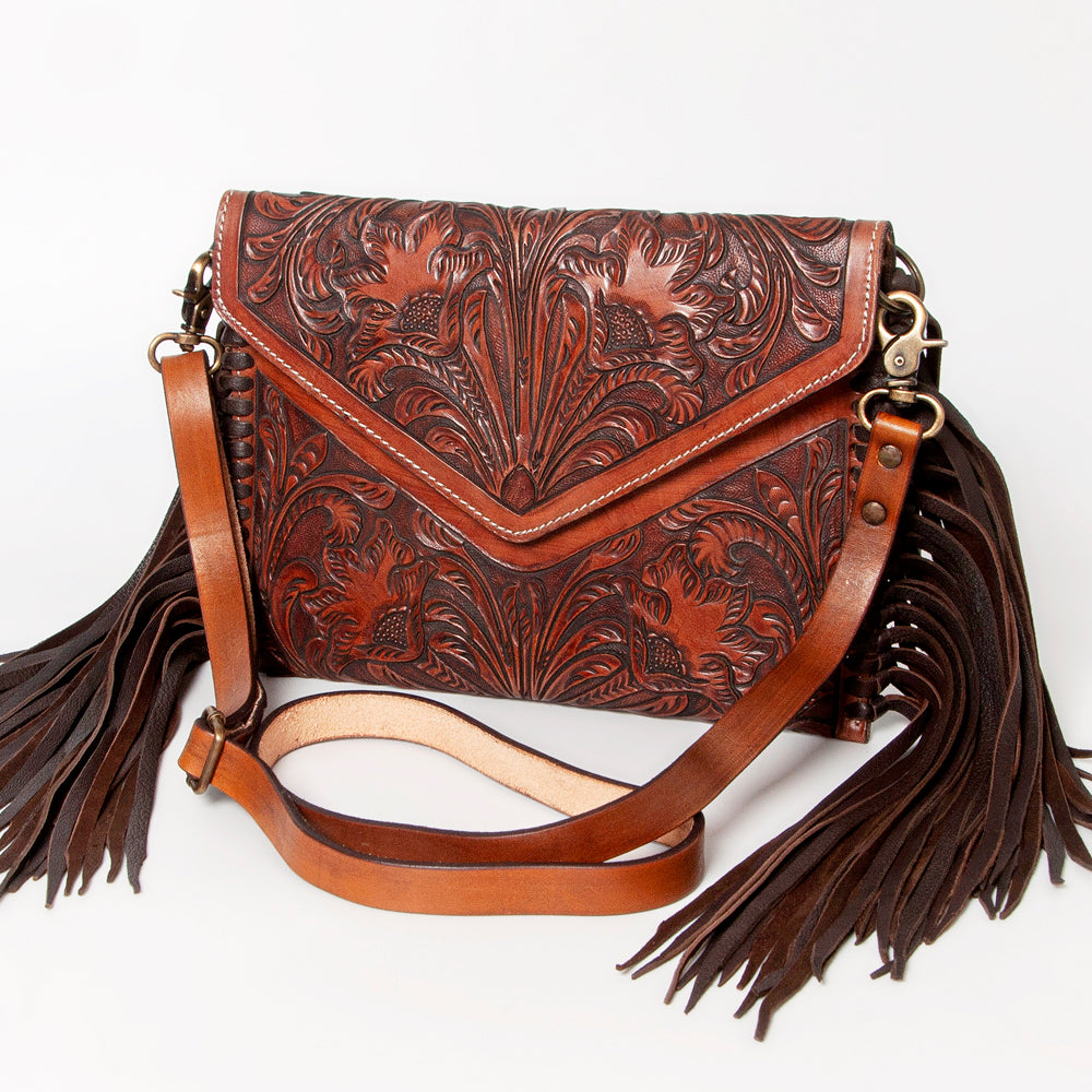 ADBG481 Brown Envelope Cowhide Leather Crossbody Bag with Fringe Western Boho Shoulder Purse