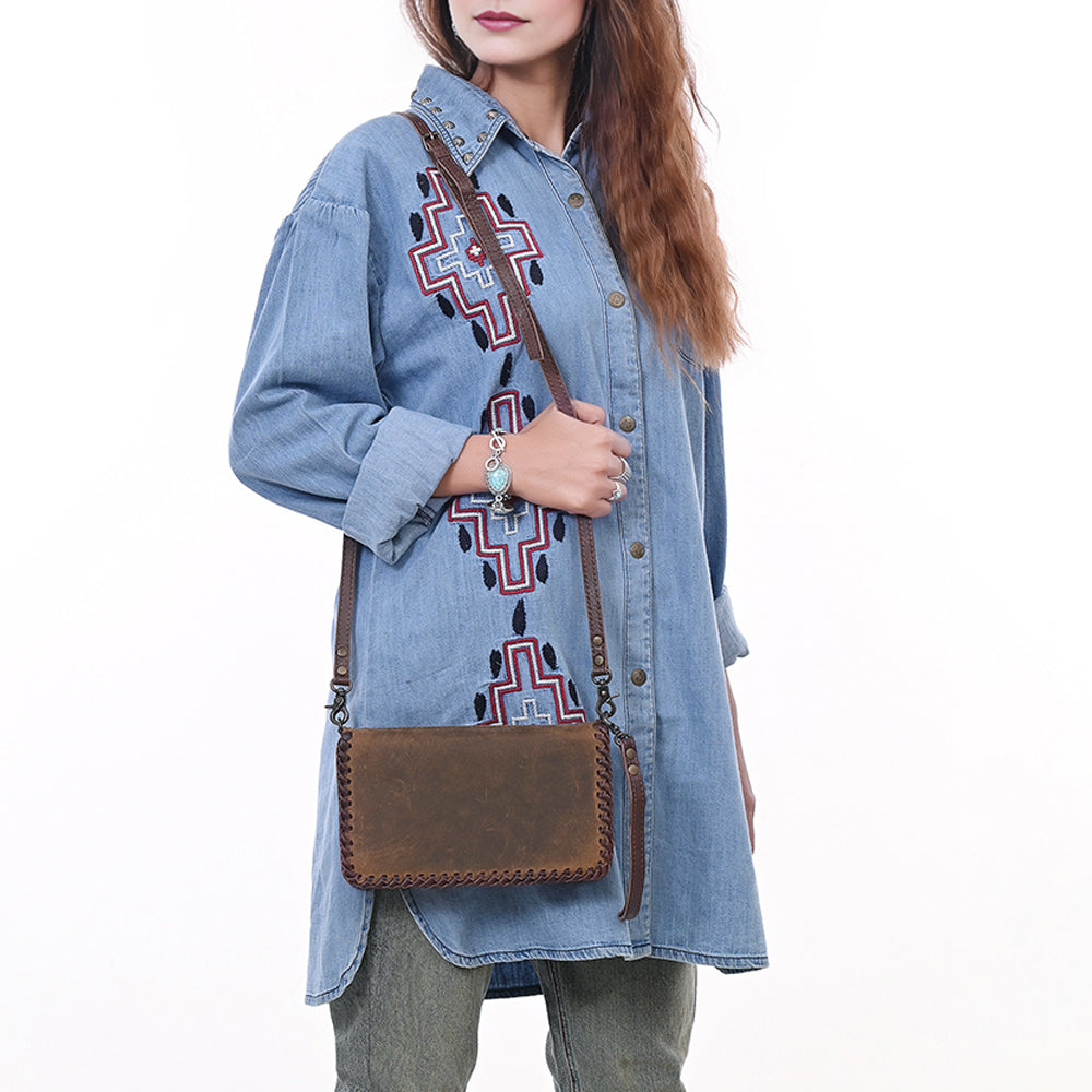 ADBG485 Distressed Brown Leather Organizer Bag with Leather Whipstitch Trim