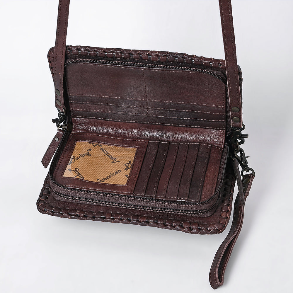 ADBG485 Distressed Brown Leather Organizer Bag with Leather Whipstitch Trim