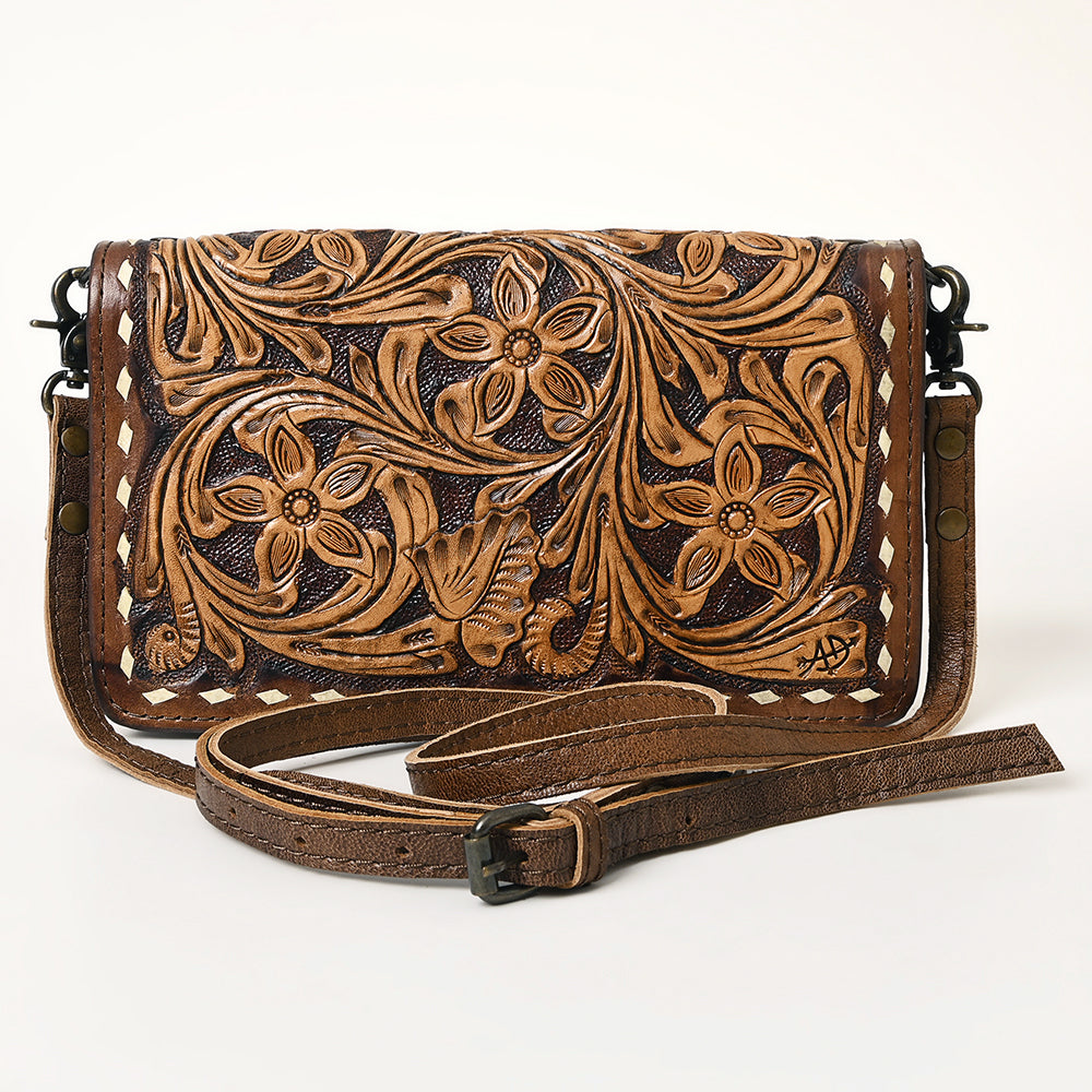 ADBG485 Western Floral Tooled Leather Organizer Bag Handmade Cowhide Wristlet by American Darling