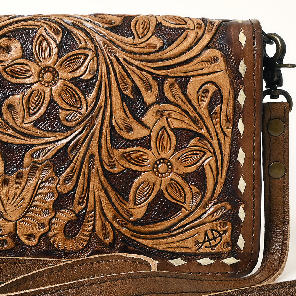 ADBG485 Western Floral Tooled Leather Organizer Bag Handmade Cowhide Wristlet by American Darling