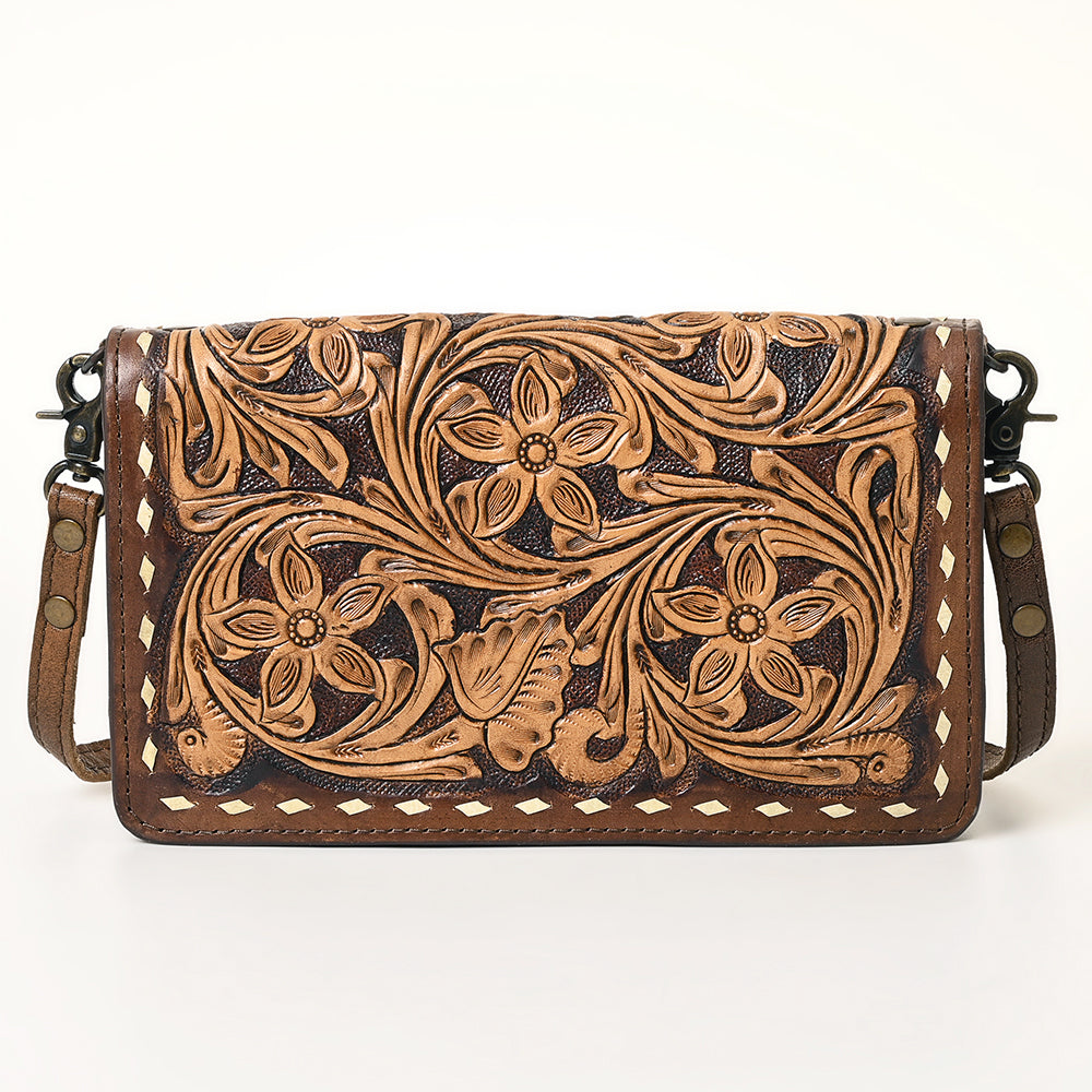 ADBG485 Western Floral Tooled Leather Organizer Bag Handmade Cowhide Wristlet by American Darling