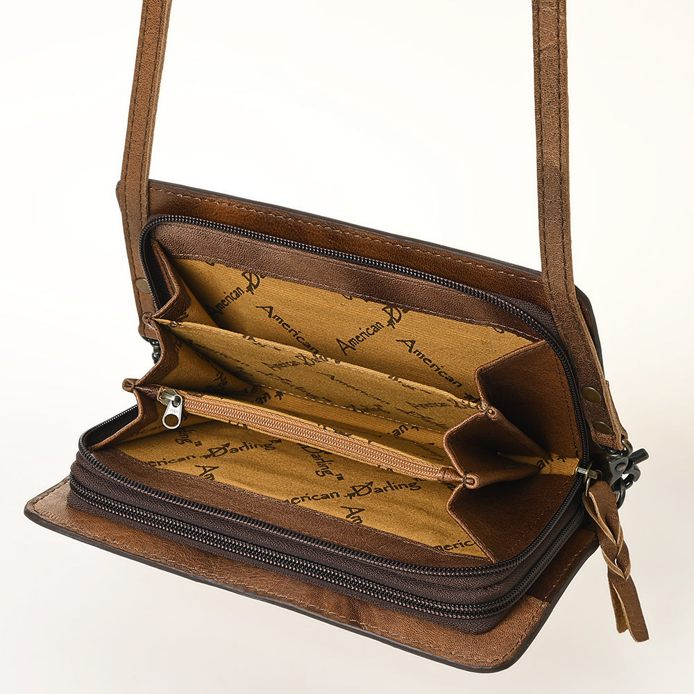 ADBG485 Western Floral Tooled Leather Organizer Bag Handmade Cowhide Wristlet by American Darling