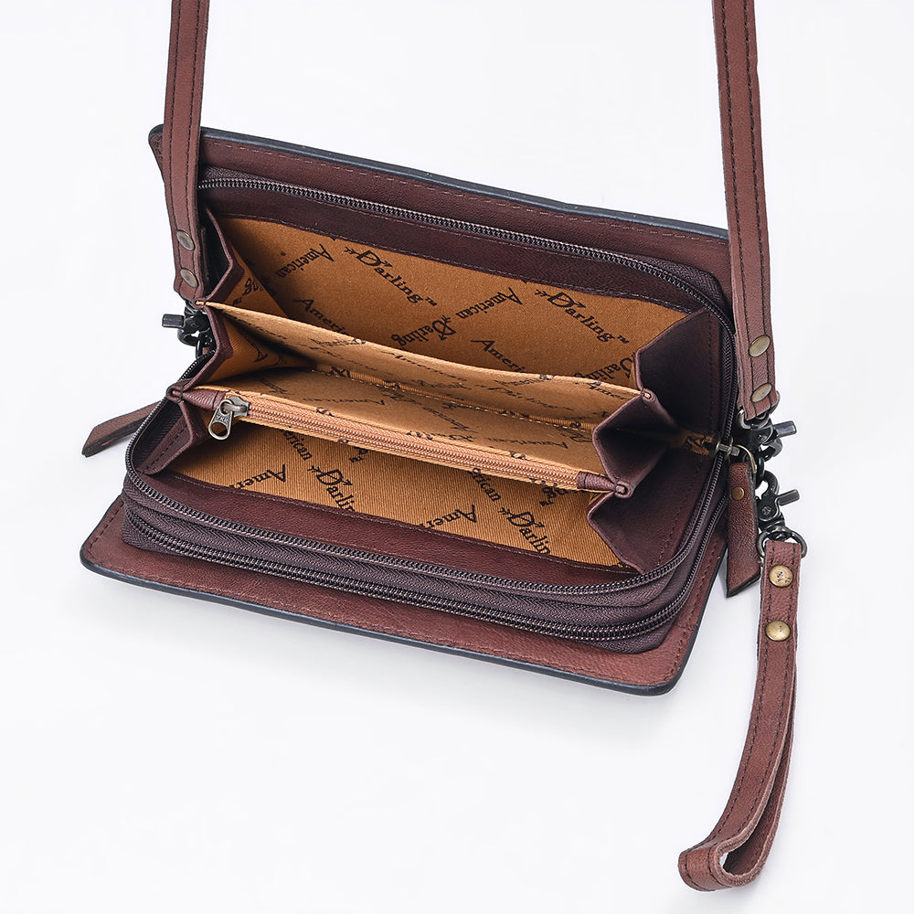 ADBG485 Western Floral Tooled Leather Organizer Bag Handmade Cowhide Wristlet by American Darling