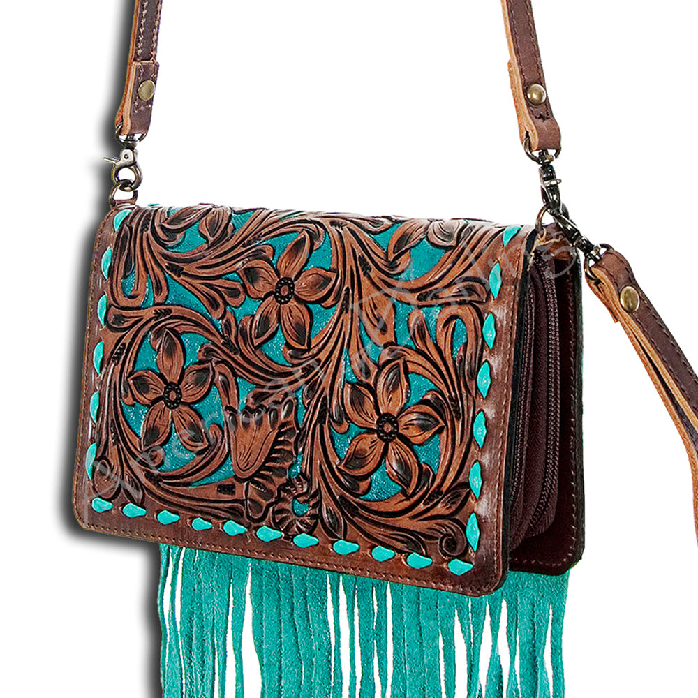 ADBG485 Western Floral Tooled Leather Organizer Bag Handmade Cowhide Wristlet by American Darling