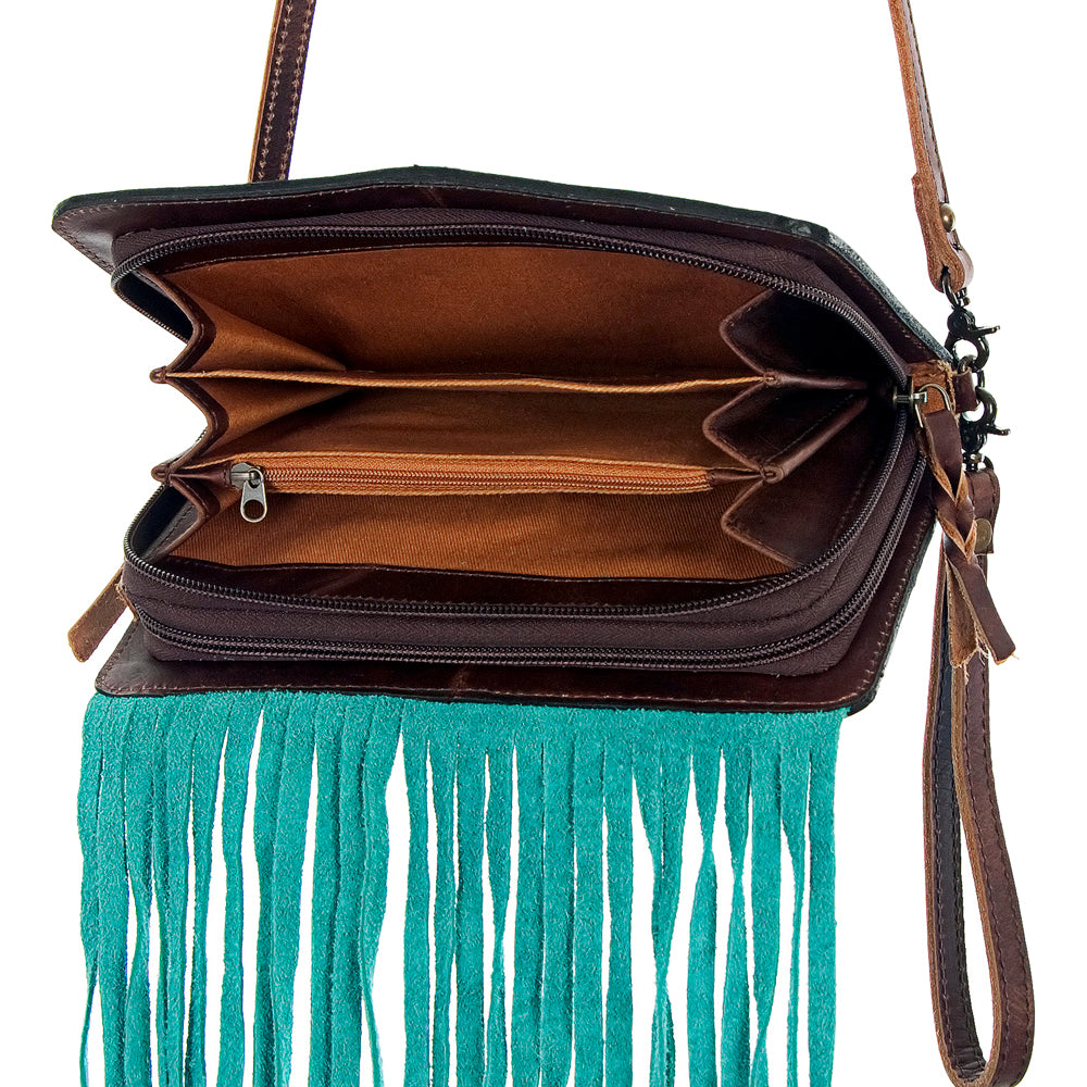 ADBG485 Western Floral Tooled Leather Organizer Bag Handmade Cowhide Wristlet by American Darling