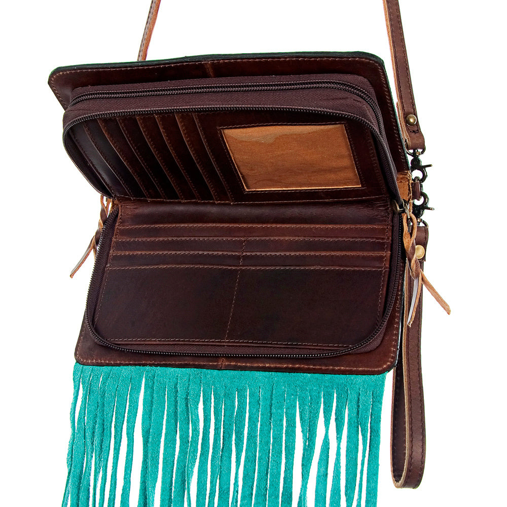 ADBG485 Western Floral Tooled Leather Organizer Bag Handmade Cowhide Wristlet by American Darling