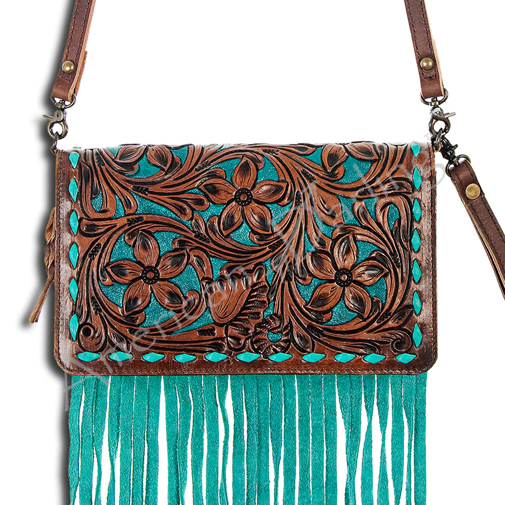 ADBG485 Western Floral Tooled Leather Organizer Bag Handmade Cowhide Wristlet by American Darling