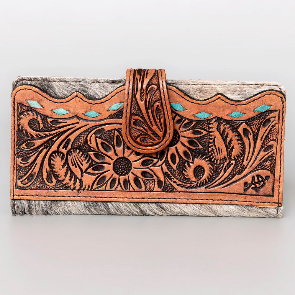 ADBG487 Tooled Leather & Hair-On Cowhide Wallet with Turquoise Inlay Floral Design