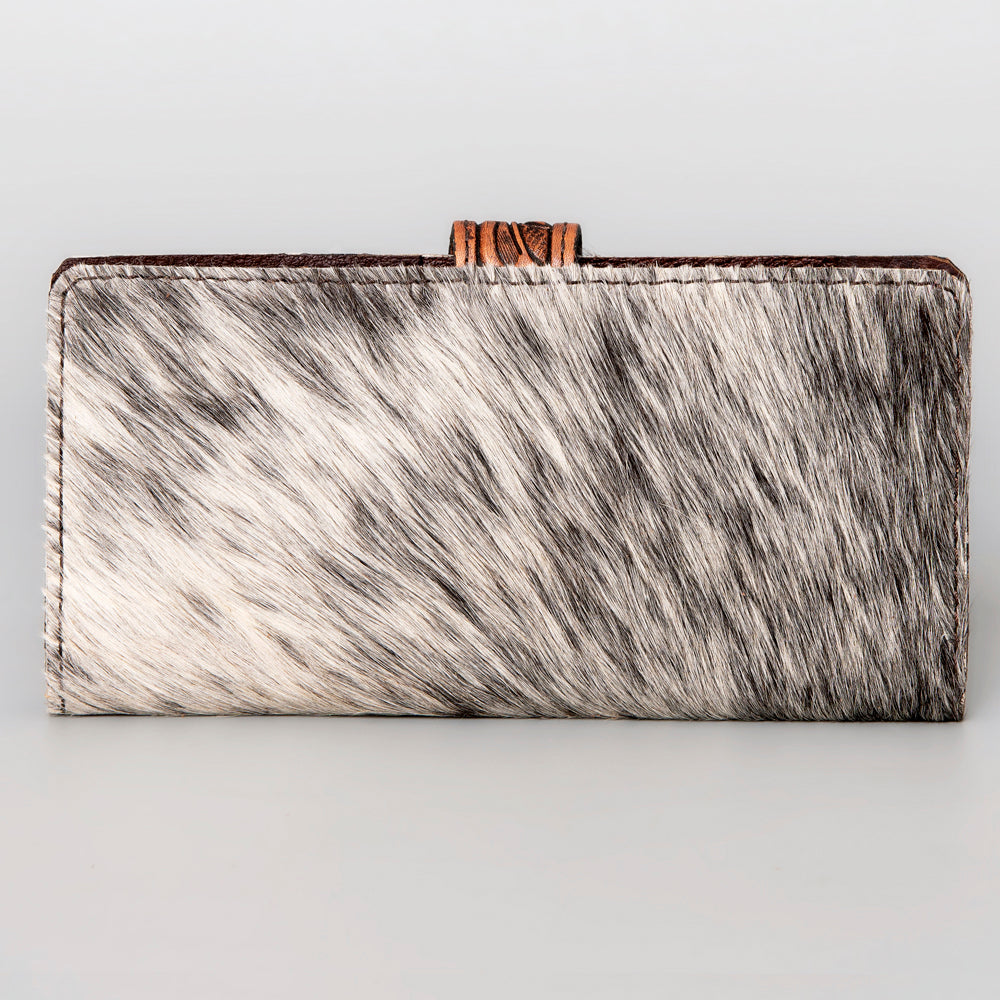 ADBG487 Tooled Leather & Hair-On Cowhide Wallet with Turquoise Inlay Floral Design