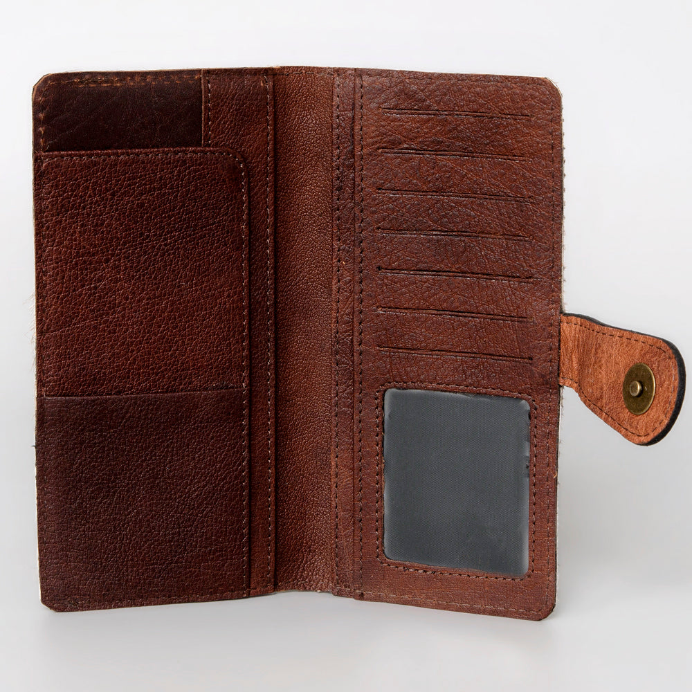 ADBG487 Tooled Leather & Hair-On Cowhide Wallet with Turquoise Inlay Floral Design