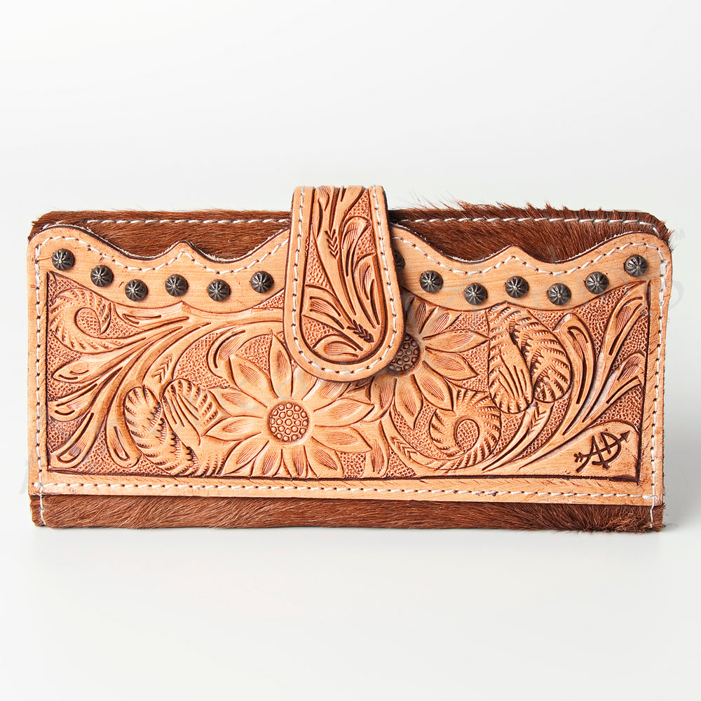ADBG487 Tooled Leather & Hair-On Cowhide Wallet with Turquoise Inlay Floral Design