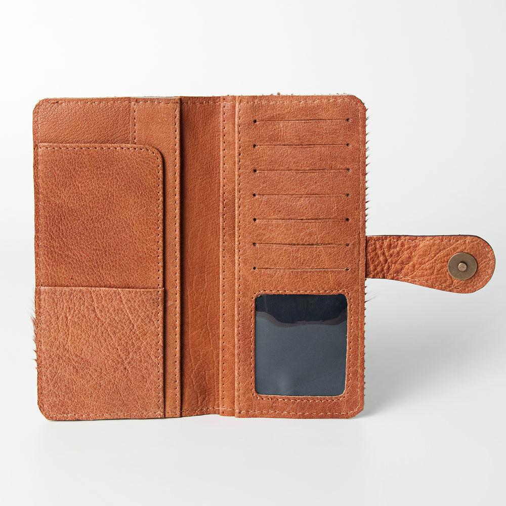 ADBG487 Tooled Leather & Hair-On Cowhide Wallet with Turquoise Inlay Floral Design