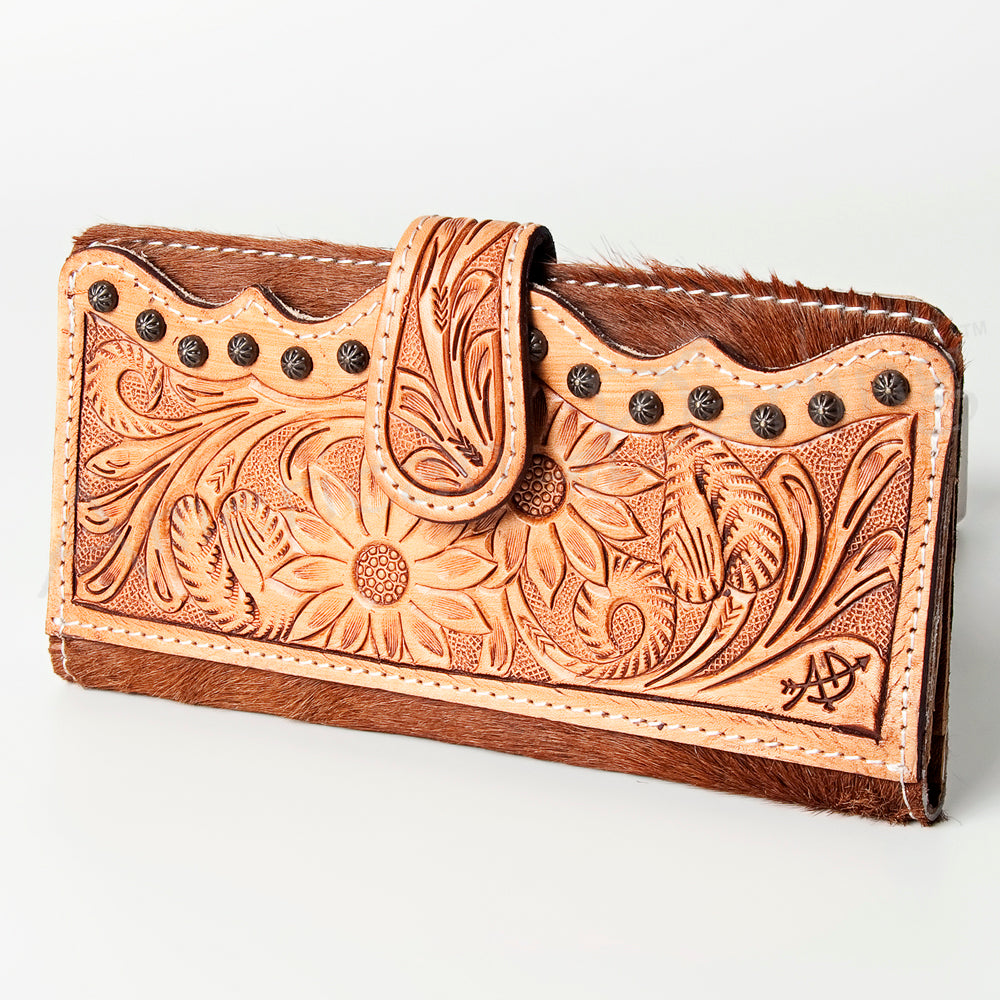 ADBG487 Tooled Leather & Hair-On Cowhide Wallet with Turquoise Inlay Floral Design