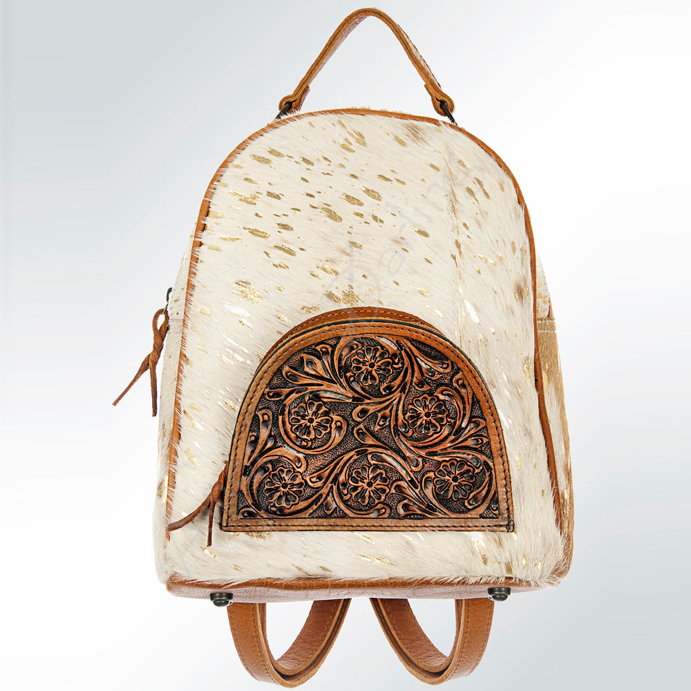 ADBGS156 Genuine Cowhide Leather Backpack with Hand-Tooled Floral Patch - Western Rodeo Style