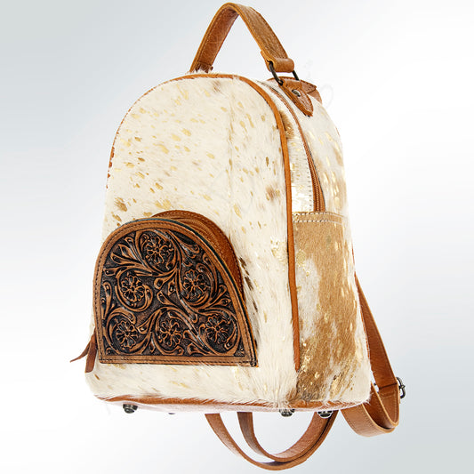 ADBGS156 Genuine Cowhide Leather Backpack with Hand-Tooled Floral Patch - Western Rodeo Style