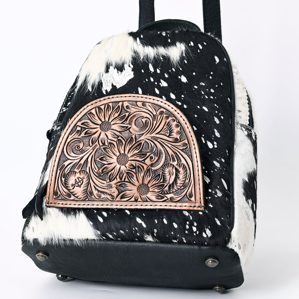 ADBGS156 Genuine Cowhide Leather Backpack with Hand-Tooled Floral Patch - Western Rodeo Style