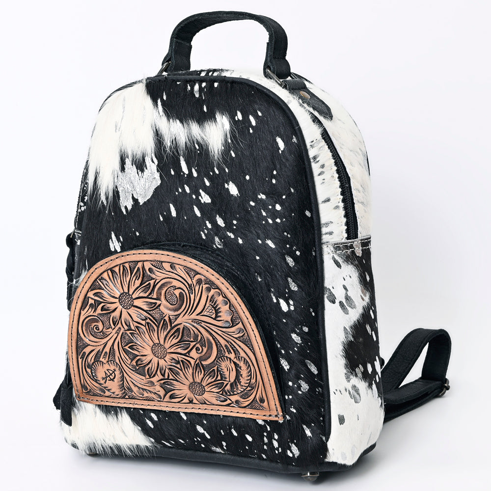 ADBGS156 Genuine Cowhide Leather Backpack with Hand-Tooled Floral Patch - Western Rodeo Style