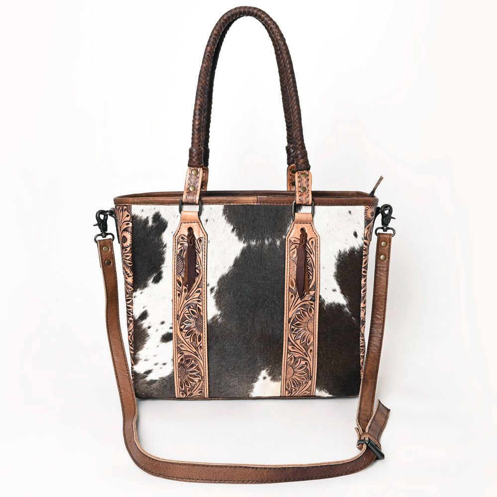 ADBGH101 Genuine Leather Western Tote Bag - Hair-On Hide with Hand-Tooled Floral Straps