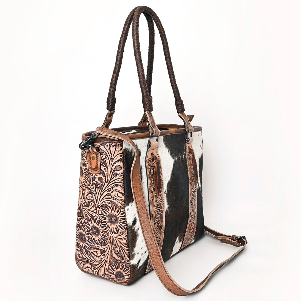 ADBGH101 Genuine Leather Western Tote Bag - Hair-On Hide with Hand-Tooled Floral Straps