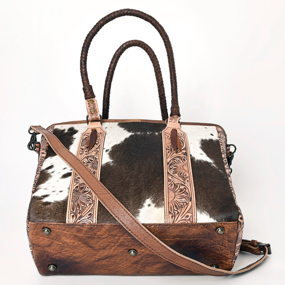 ADBGH101 Genuine Leather Western Tote Bag - Hair-On Hide with Hand-Tooled Floral Straps